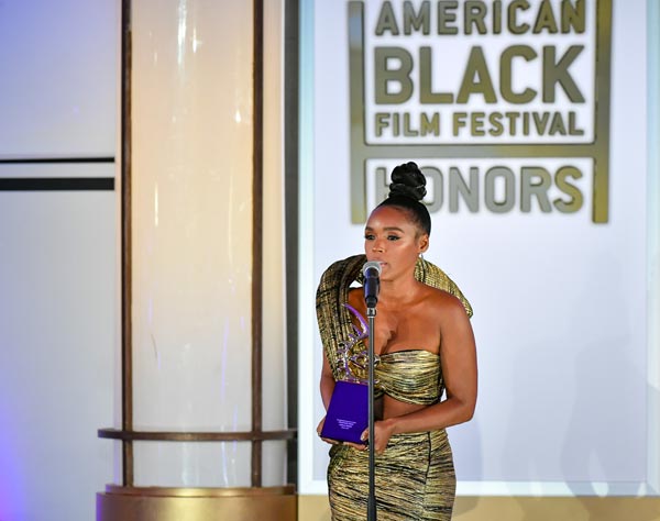 Janelle Monae receiving an award at the 2023 ABFF Honors